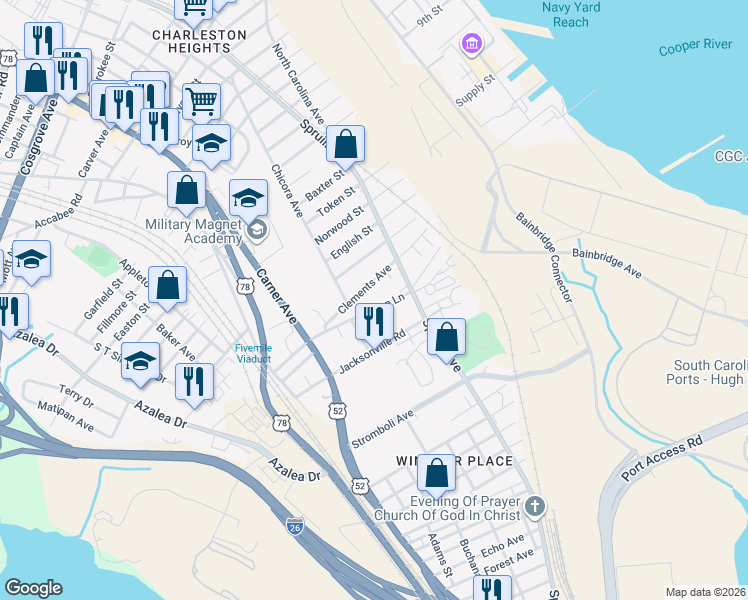 map of restaurants, bars, coffee shops, grocery stores, and more near 1937 Clements Avenue in North Charleston