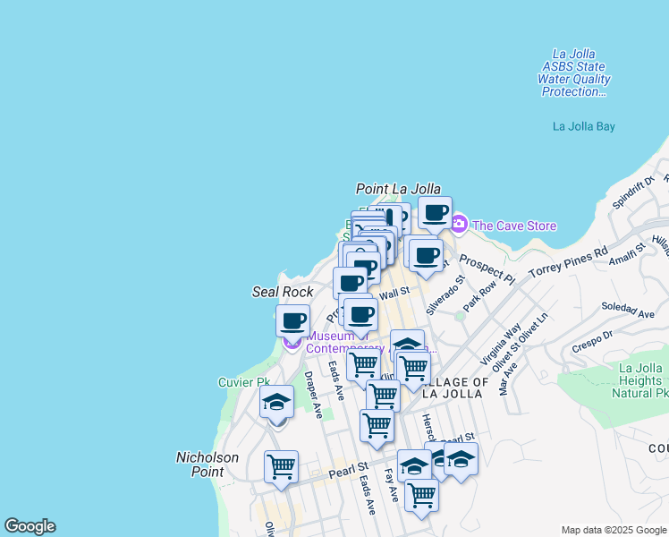 map of restaurants, bars, coffee shops, grocery stores, and more near 102 Coast Boulevard in San Diego