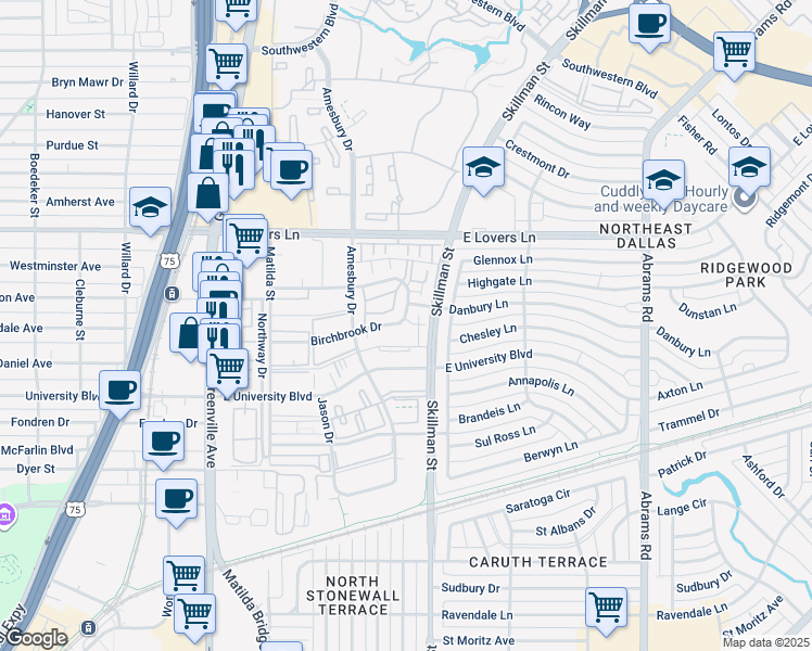 map of restaurants, bars, coffee shops, grocery stores, and more near 6040 Birchbrook Drive in Dallas