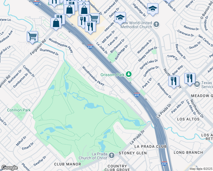 map of restaurants, bars, coffee shops, grocery stores, and more near 10950 Woodmeadow Parkway in Dallas