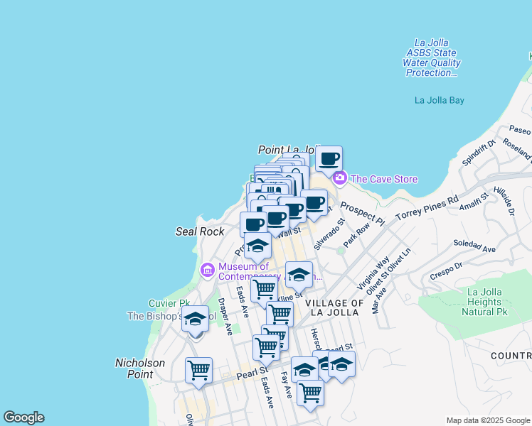 map of restaurants, bars, coffee shops, grocery stores, and more near 1043 Coast Boulevard South in San Diego
