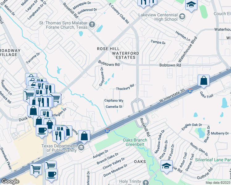 map of restaurants, bars, coffee shops, grocery stores, and more near 105 Thackery Road in Garland