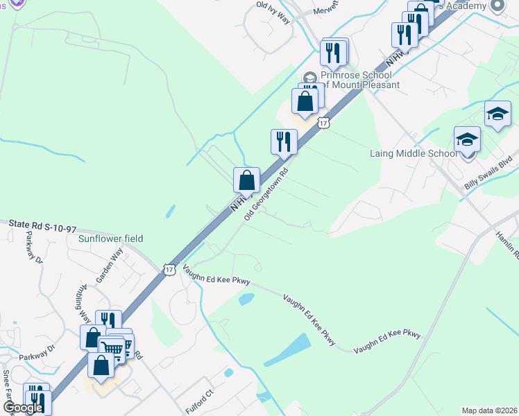 map of restaurants, bars, coffee shops, grocery stores, and more near 2431 Old Georgetown Road in Mount Pleasant