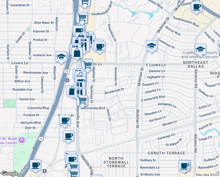map of restaurants, bars, coffee shops, grocery stores, and more near 5909 Birchbrook Drive in Dallas