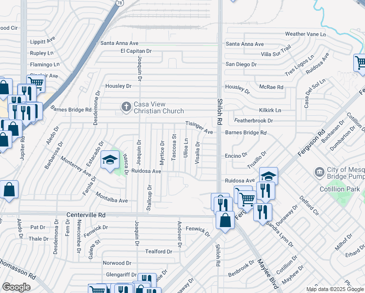 map of restaurants, bars, coffee shops, grocery stores, and more near 11211 Ulloa Lane in Dallas