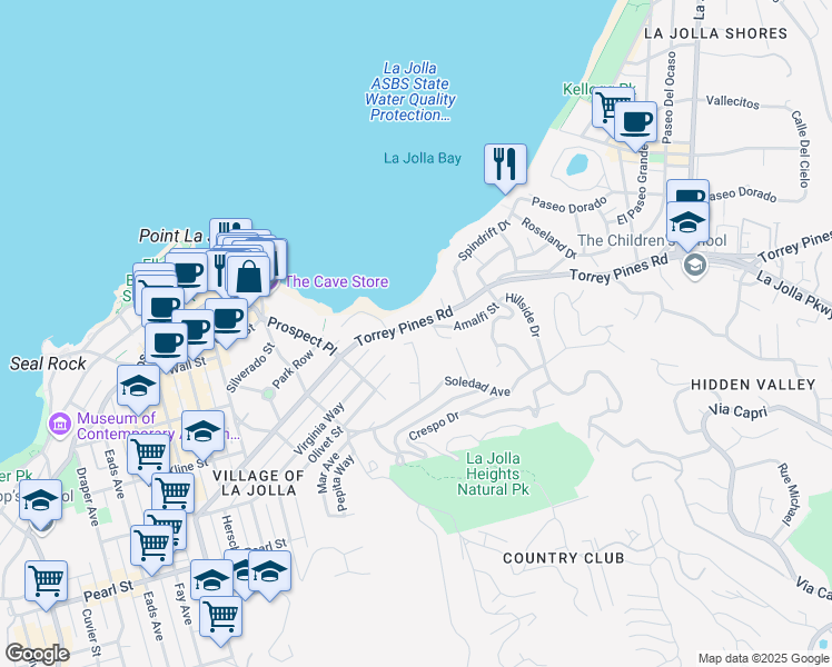 map of restaurants, bars, coffee shops, grocery stores, and more near 1640 Ludington Lane in San Diego