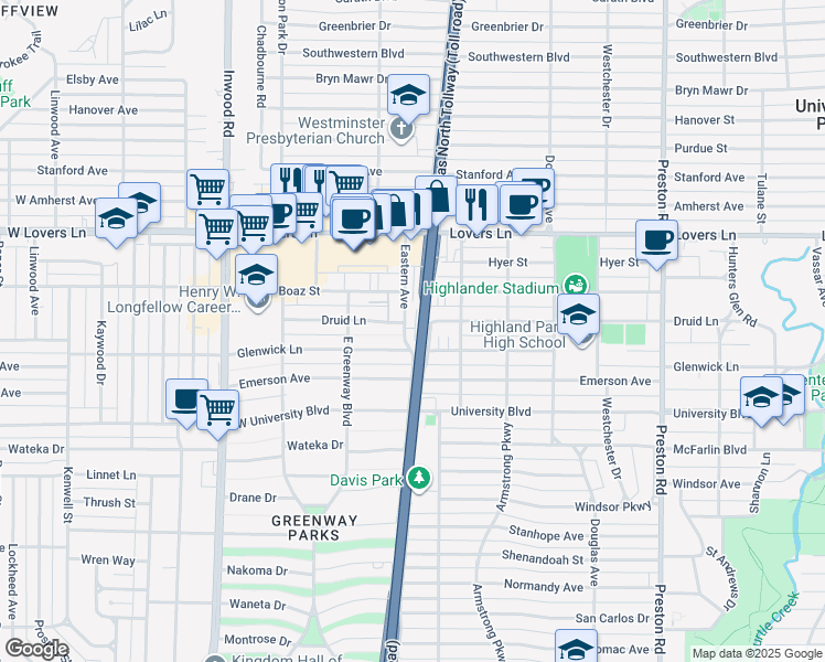 map of restaurants, bars, coffee shops, grocery stores, and more near 7518 Eastern Avenue in Dallas