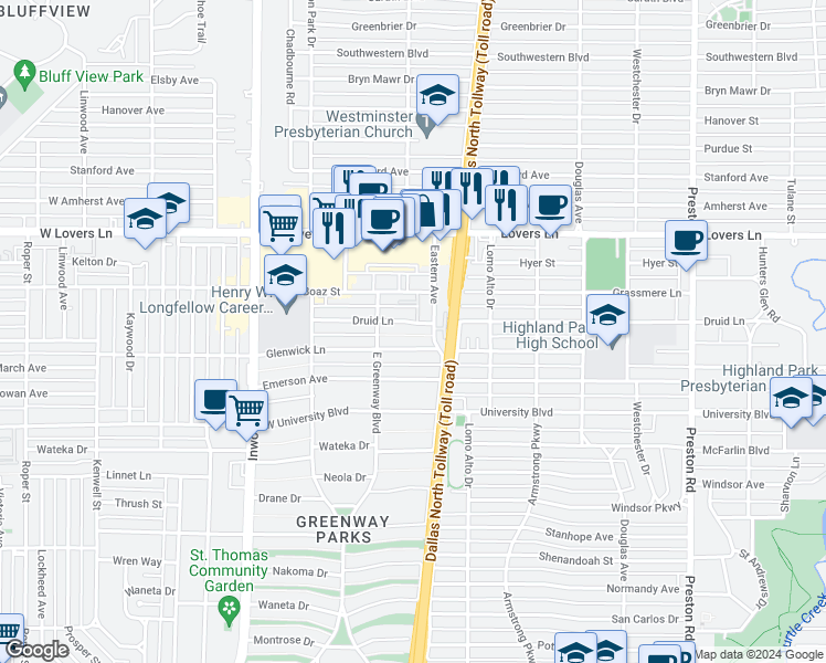 map of restaurants, bars, coffee shops, grocery stores, and more near 5532 Druid Lane in Dallas