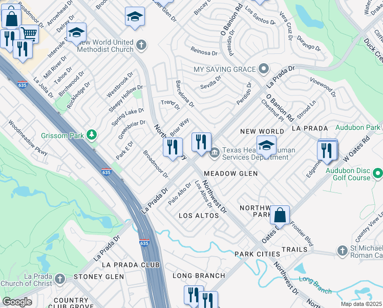 map of restaurants, bars, coffee shops, grocery stores, and more near 801 La Prada Drive in Garland