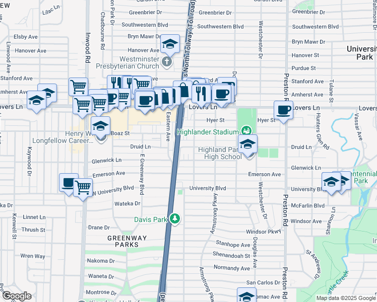 map of restaurants, bars, coffee shops, grocery stores, and more near 4501 Druid Lane in Dallas