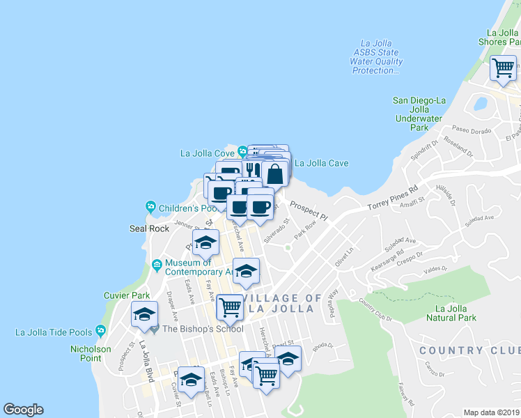 map of restaurants, bars, coffee shops, grocery stores, and more near 1278 Prospect Street in San Diego