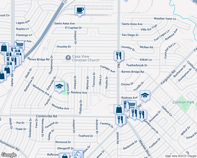 map of restaurants, bars, coffee shops, grocery stores, and more near 11211 Ulloa Lane in Dallas