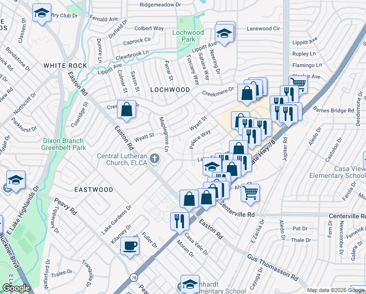 map of restaurants, bars, coffee shops, grocery stores, and more near 10805 Palace Way in Dallas