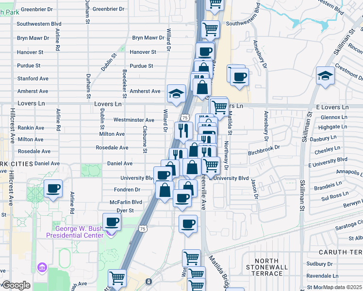 map of restaurants, bars, coffee shops, grocery stores, and more near 2621 Milton Avenue in Dallas