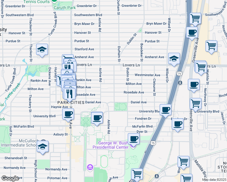 map of restaurants, bars, coffee shops, grocery stores, and more near 3113 Milton Avenue in Dallas