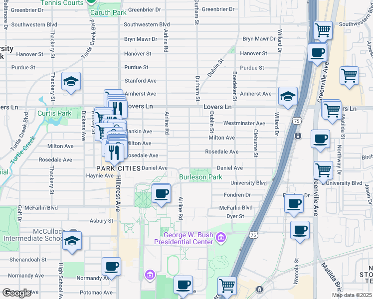 map of restaurants, bars, coffee shops, grocery stores, and more near 3113 Milton Avenue in Dallas