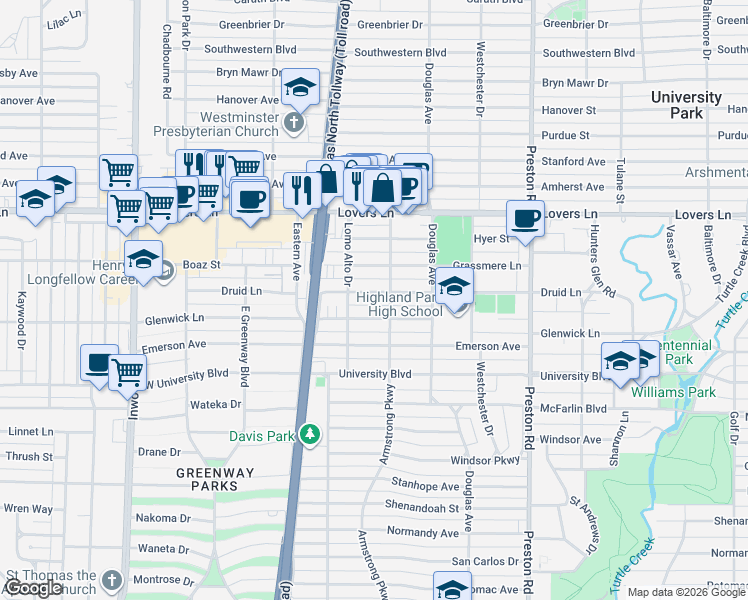 map of restaurants, bars, coffee shops, grocery stores, and more near 4424 Druid Lane in Dallas