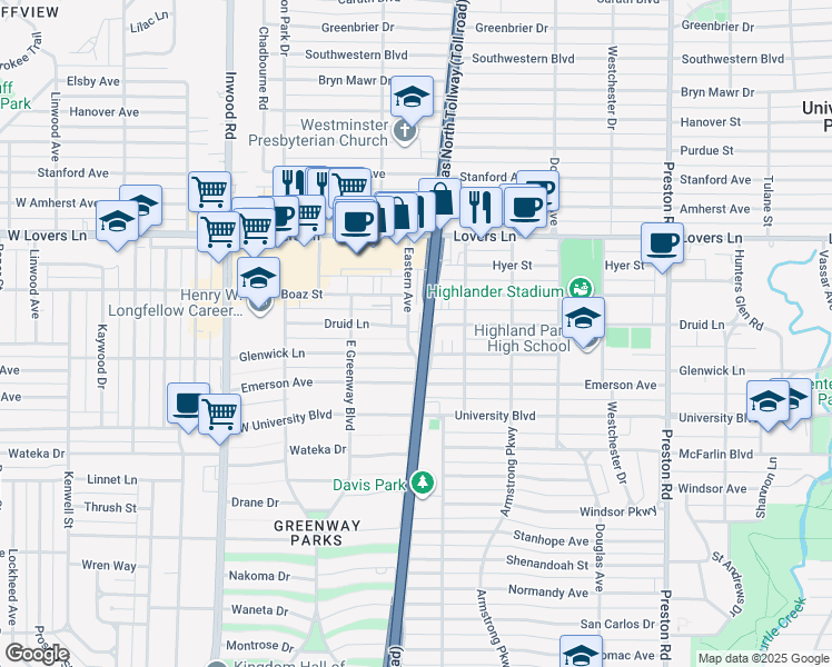 map of restaurants, bars, coffee shops, grocery stores, and more near 5550 Druid Lane in Dallas