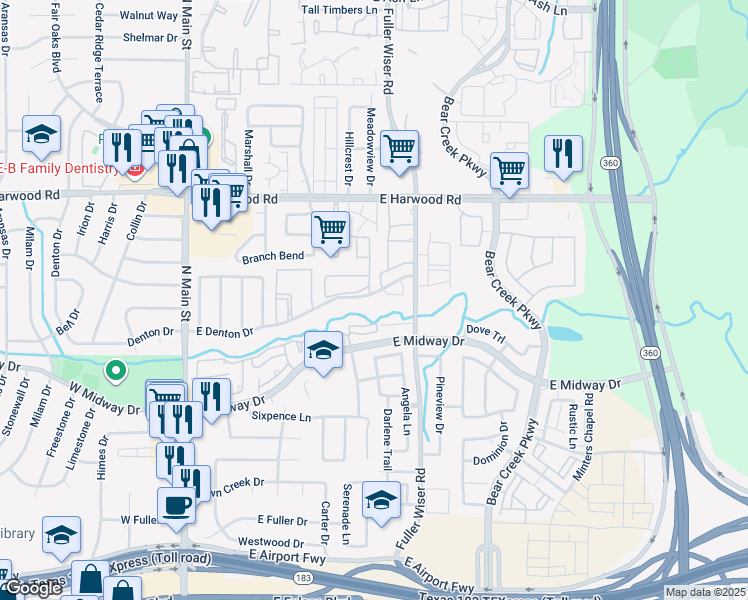 map of restaurants, bars, coffee shops, grocery stores, and more near 802 Palomino Drive in Euless