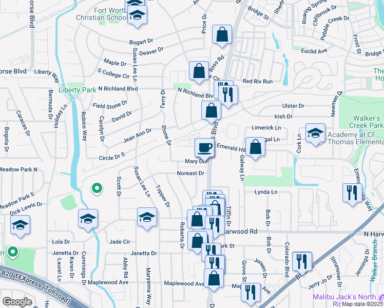 map of restaurants, bars, coffee shops, grocery stores, and more near 5575 Davis Boulevard in North Richland Hills