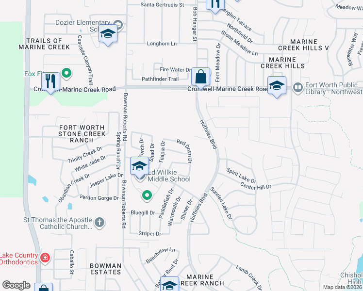 map of restaurants, bars, coffee shops, grocery stores, and more near 6016 Red Drum Drive in Fort Worth
