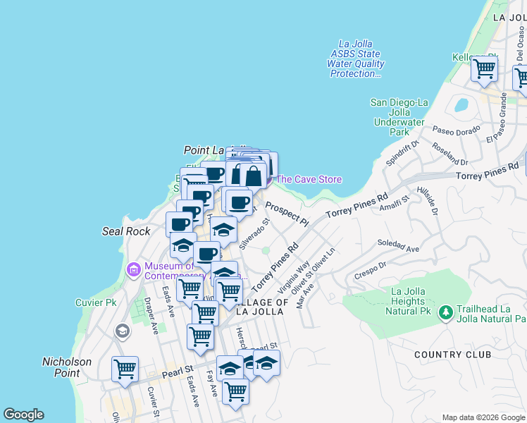 map of restaurants, bars, coffee shops, grocery stores, and more near 7985 Prospect Place in San Diego