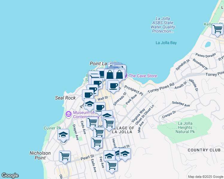 map of restaurants, bars, coffee shops, grocery stores, and more near 1278 Prospect Street in San Diego