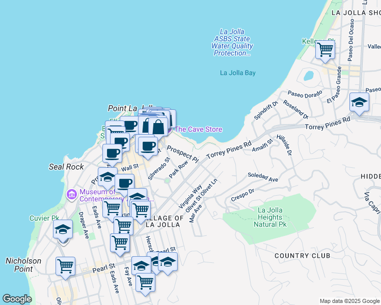 map of restaurants, bars, coffee shops, grocery stores, and more near 1435 Coast Walk in San Diego