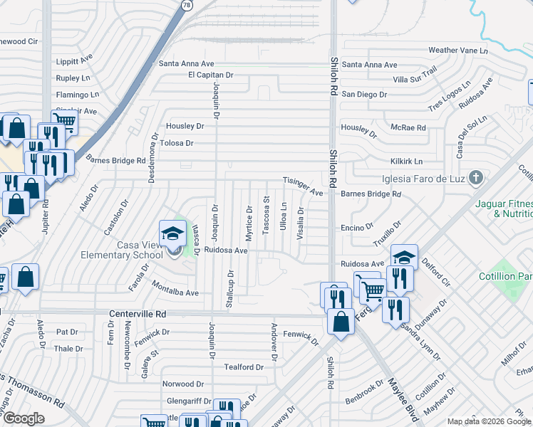 map of restaurants, bars, coffee shops, grocery stores, and more near Tascosa St in Dallas