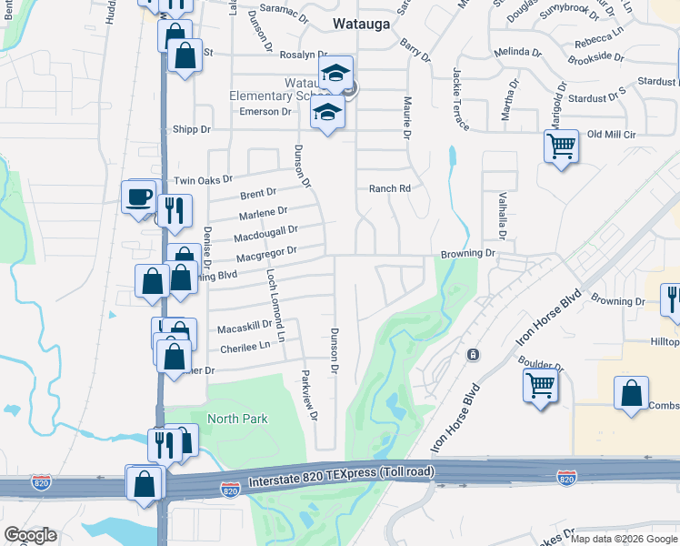 map of restaurants, bars, coffee shops, grocery stores, and more near 5548 Dunson Drive in Haltom City