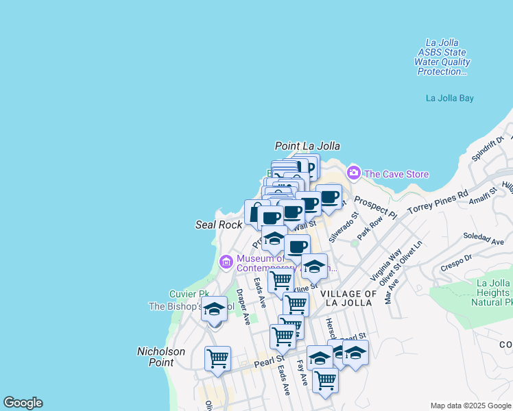 map of restaurants, bars, coffee shops, grocery stores, and more near 939 Coast Boulevard in San Diego