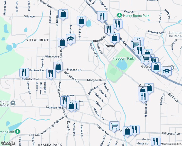 map of restaurants, bars, coffee shops, grocery stores, and more near 3498 McKenzie Drive in Macon