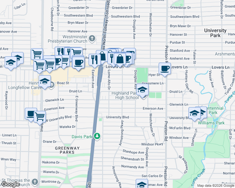 map of restaurants, bars, coffee shops, grocery stores, and more near 4424 Druid Lane in Dallas