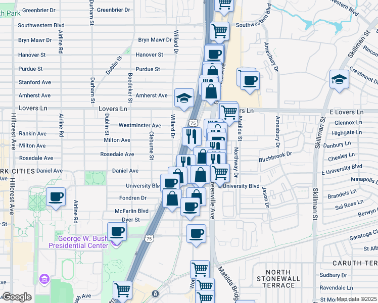 map of restaurants, bars, coffee shops, grocery stores, and more near 6688 North Central Expressway in Dallas
