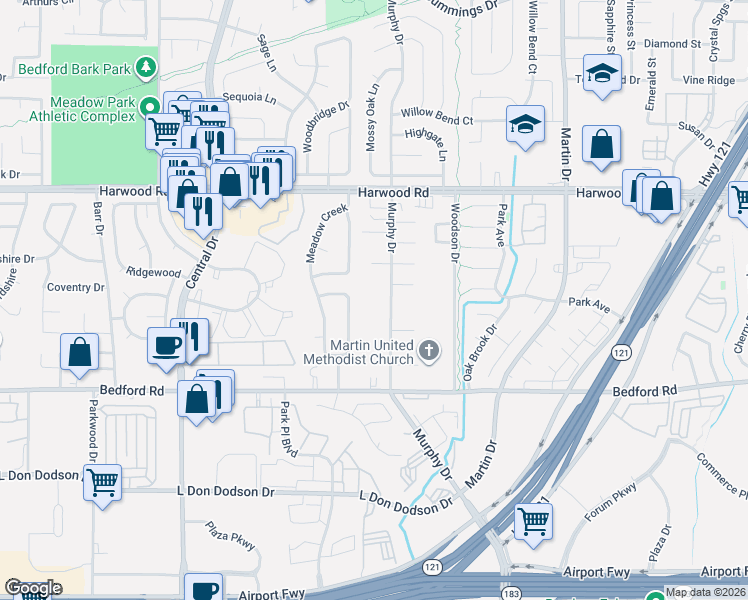 map of restaurants, bars, coffee shops, grocery stores, and more near 2601 Murphy Drive in Bedford