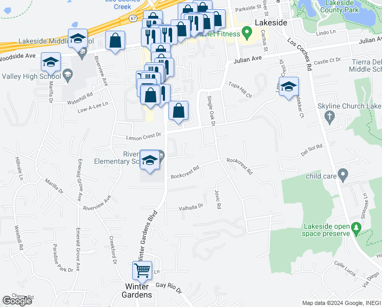 map of restaurants, bars, coffee shops, grocery stores, and more near 12184 Knoll Crest Place in Lakeside