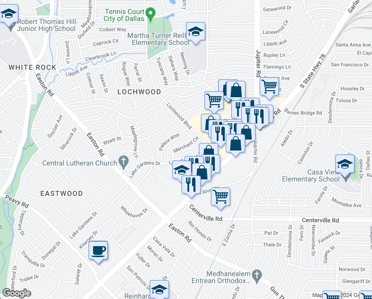 map of restaurants, bars, coffee shops, grocery stores, and more near 10902 Marchant Circle in Dallas