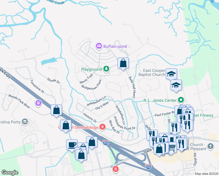 map of restaurants, bars, coffee shops, grocery stores, and more near 346 Jardinere Walk in Mount Pleasant