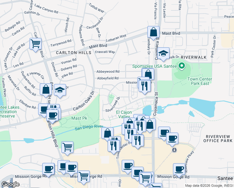 map of restaurants, bars, coffee shops, grocery stores, and more near 224 Parkside Place in Santee