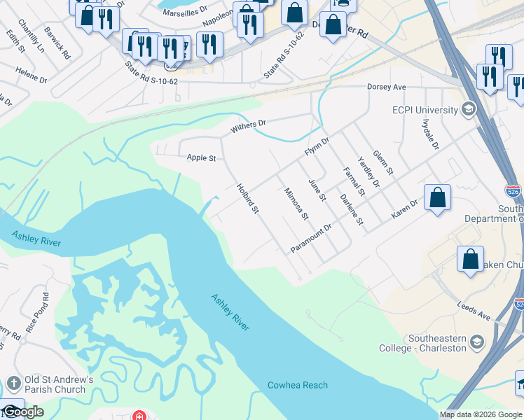 map of restaurants, bars, coffee shops, grocery stores, and more near 4684 Holbird Street in North Charleston