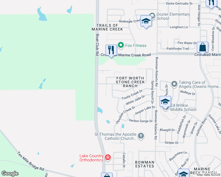 map of restaurants, bars, coffee shops, grocery stores, and more near 6249 Stone Lake Drive in Fort Worth