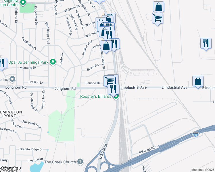 map of restaurants, bars, coffee shops, grocery stores, and more near 200 Rancho Drive in Saginaw
