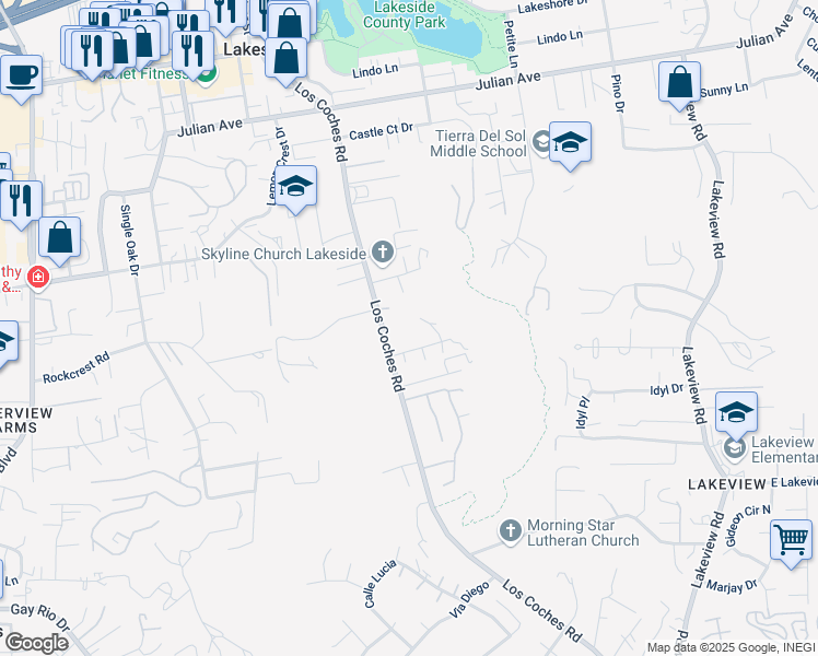 map of restaurants, bars, coffee shops, grocery stores, and more near 9391 Los Coches Road in Lakeside