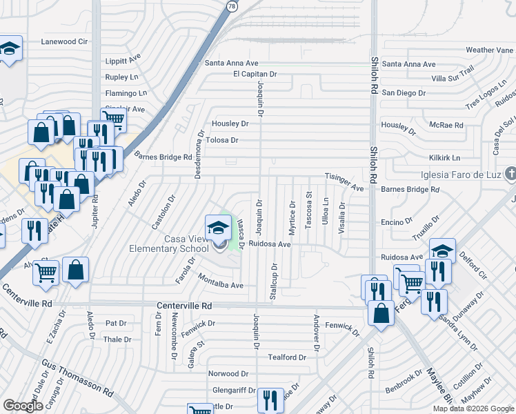 map of restaurants, bars, coffee shops, grocery stores, and more near 2244 Farola Drive in Dallas