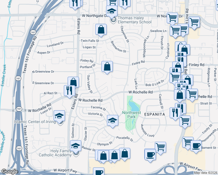 map of restaurants, bars, coffee shops, grocery stores, and more near 3904 Boise Court in Irving