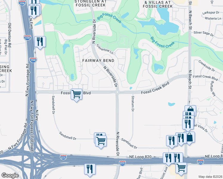 map of restaurants, bars, coffee shops, grocery stores, and more near 4111 Fossil Creek Boulevard in Fort Worth