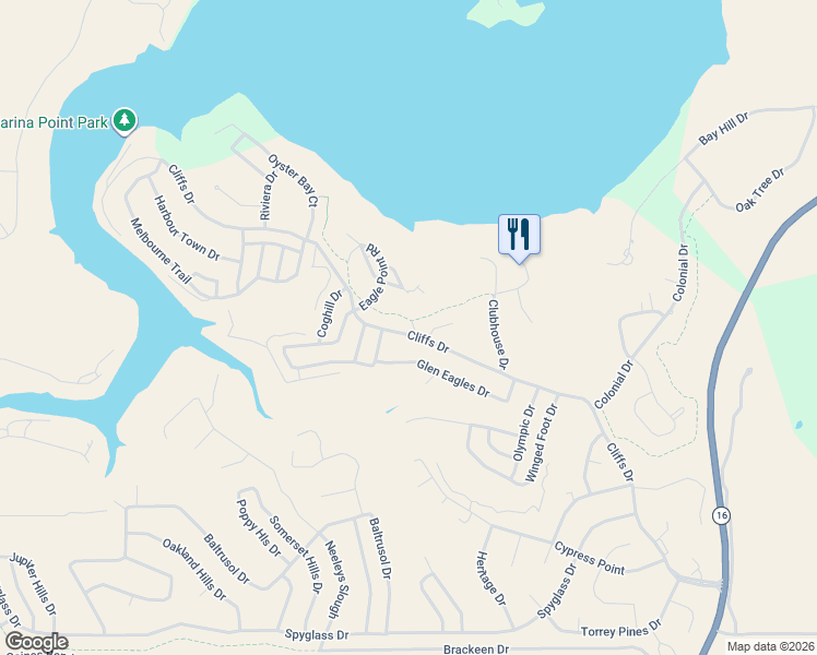 map of restaurants, bars, coffee shops, grocery stores, and more near 540 Cliffs Drive in Graford