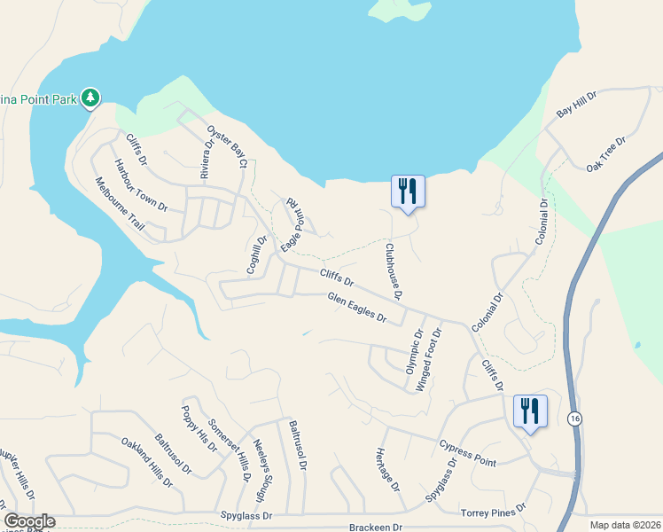 map of restaurants, bars, coffee shops, grocery stores, and more near 540 Cliffs Drive in Graford