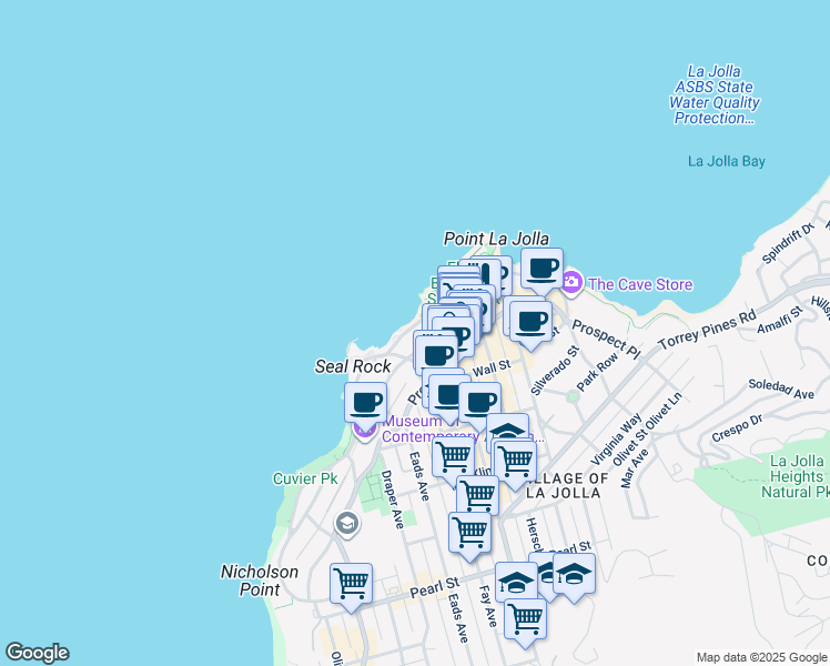map of restaurants, bars, coffee shops, grocery stores, and more near 939 Coast Boulevard in San Diego