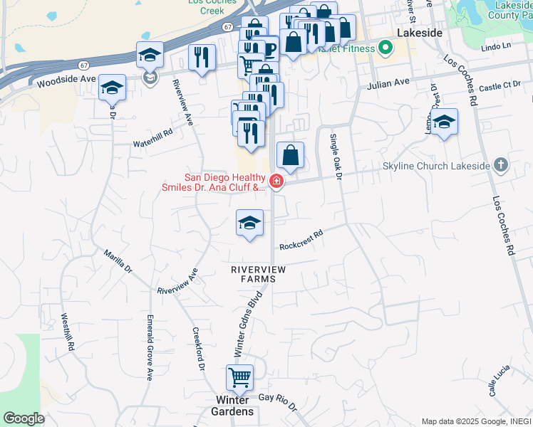 map of restaurants, bars, coffee shops, grocery stores, and more near 9413 Winter Gardens Boulevard in Lakeside